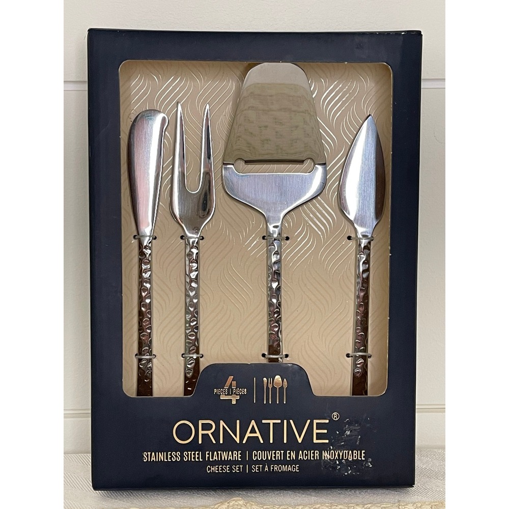 Ornative 4 Piece Stainless Steel Cheese Set Hammered Handle Slicer Spreader Fork